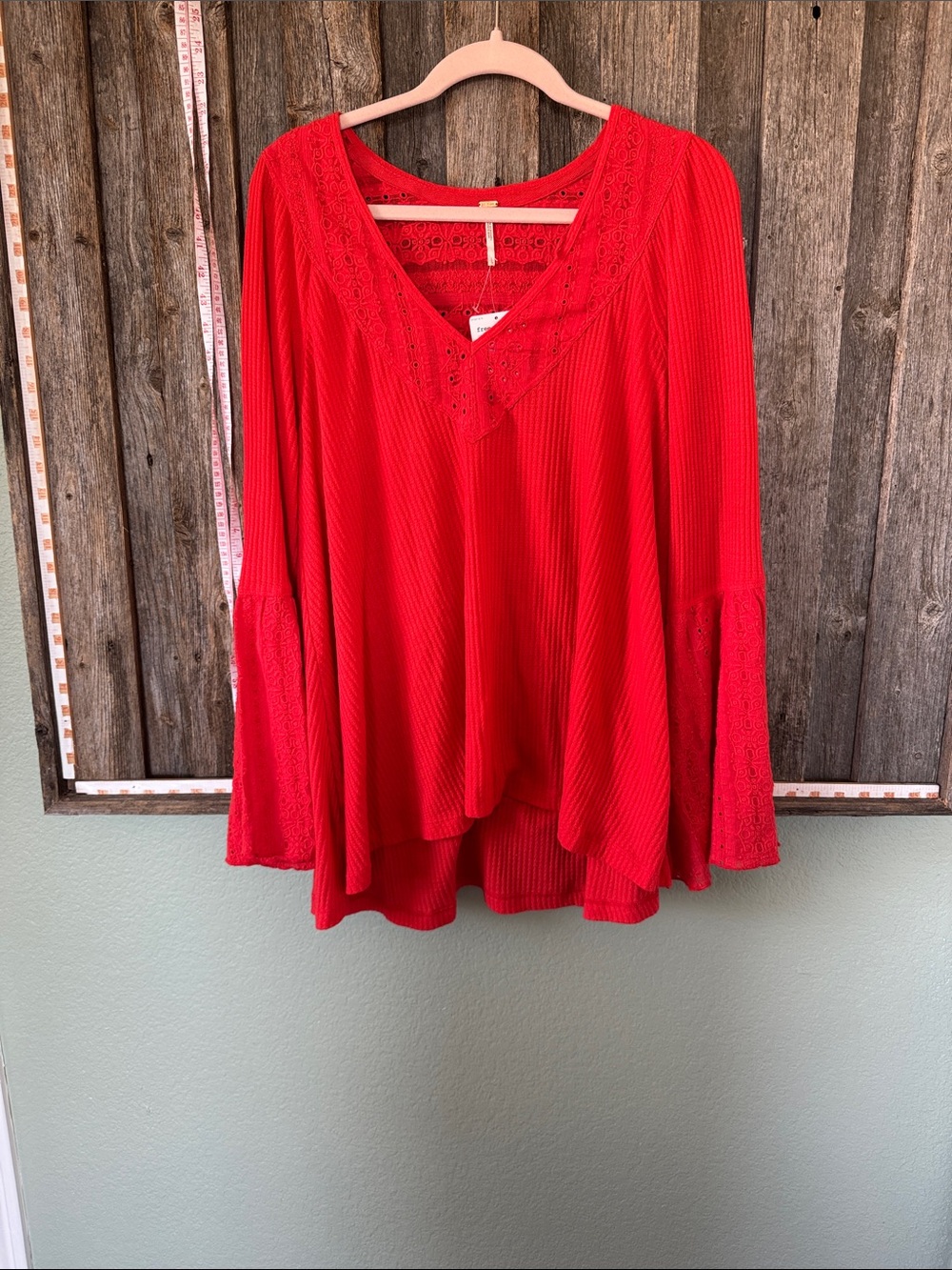 Free People Red Lace-Trim V-Neck Bell-Sleeve Tunic